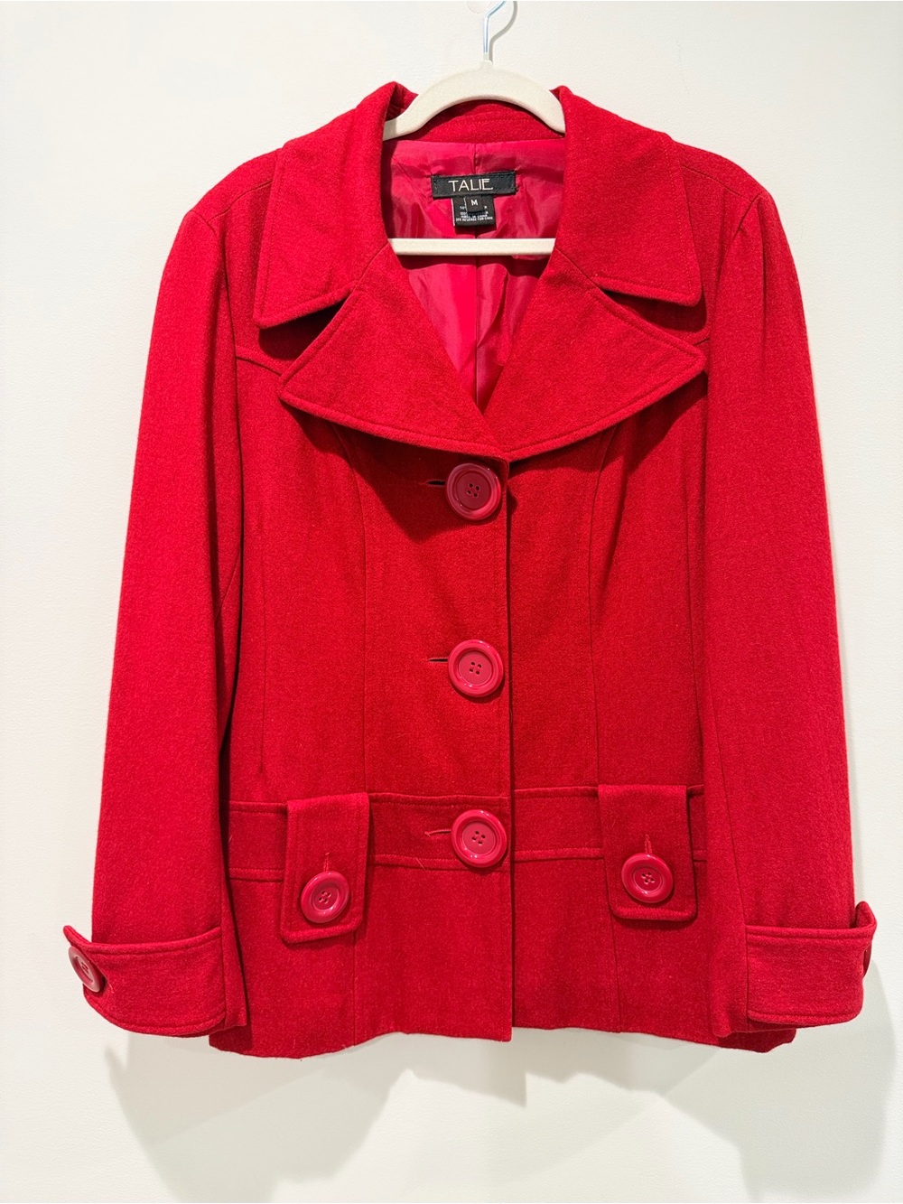 Talie Bright Red Wool-Blend Retro Pea Coat Size Medium